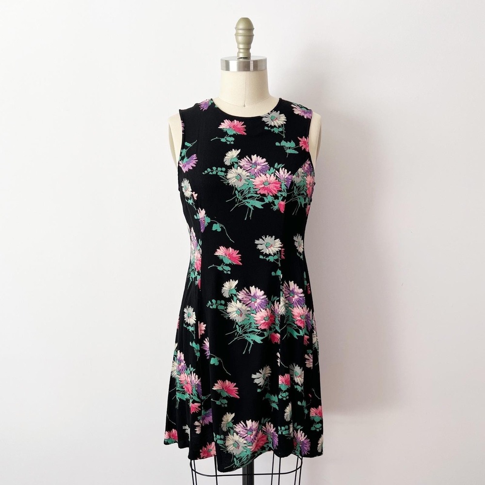 SIZE S The Limited Floral Mini Dress, Black Sleeveless Rayon Vintage 90s